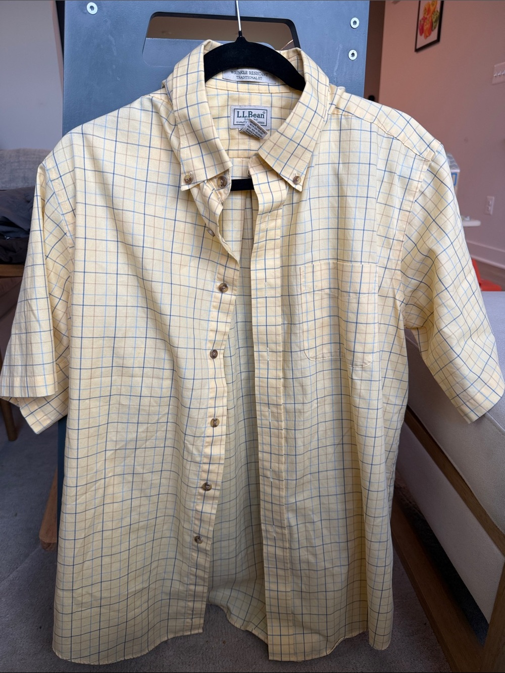 L.L. Bean Men’s Short-Sleeve Yellow Windowpane Button-Down Shirt